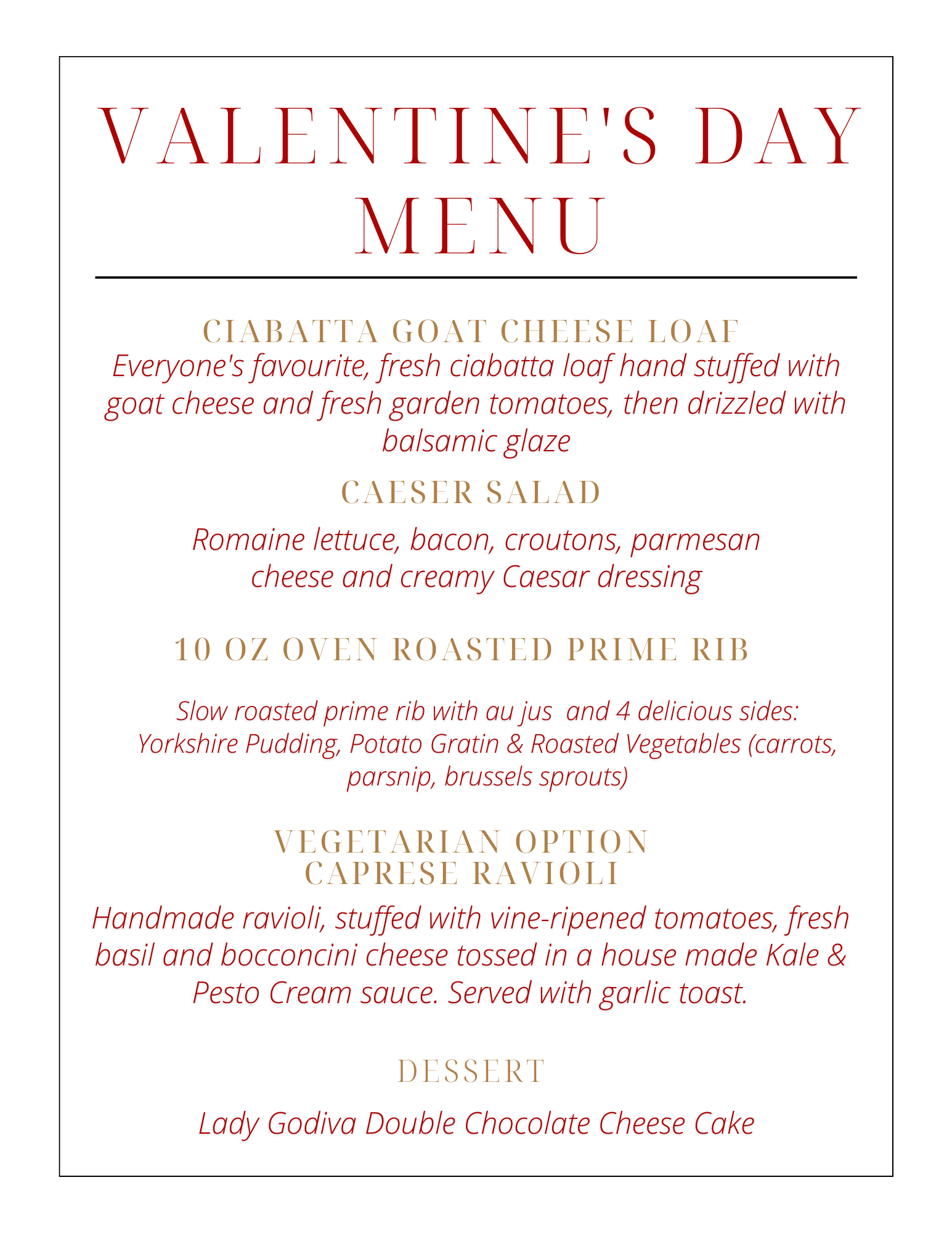 Valentine's Day - dinner menu at the Guild Inn