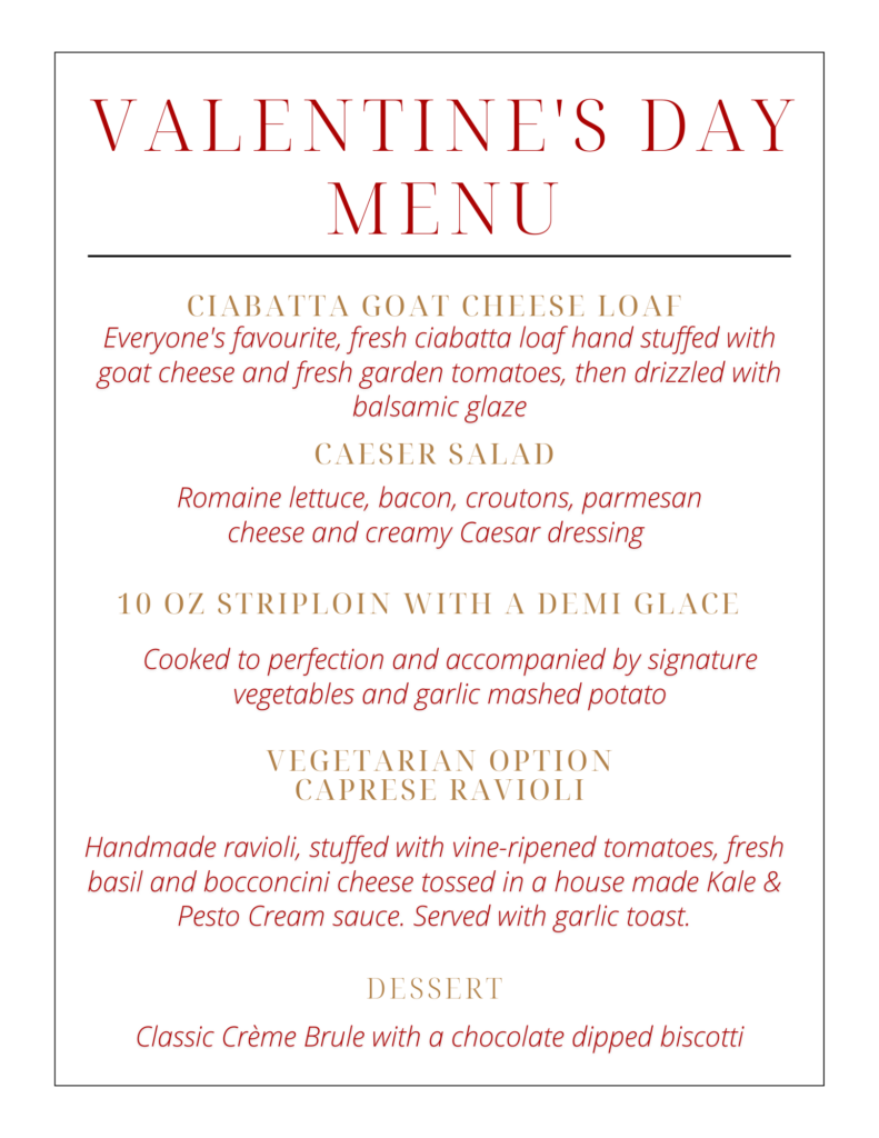 Valentine's Day Dinner menu at the Guild Inn